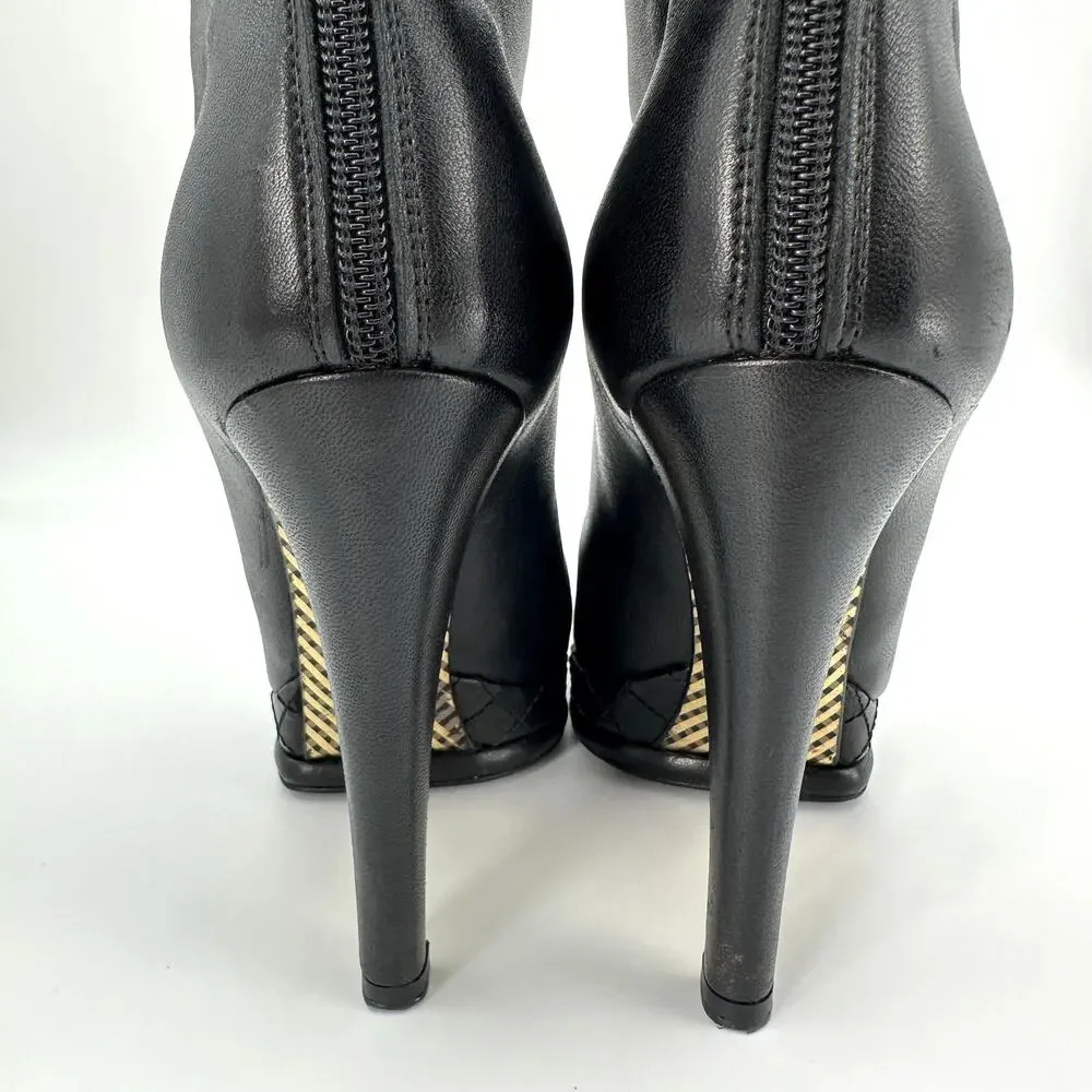 CHANEL Black Leather CC Cap Toe Quilter Platform Heel Boots IT 36
